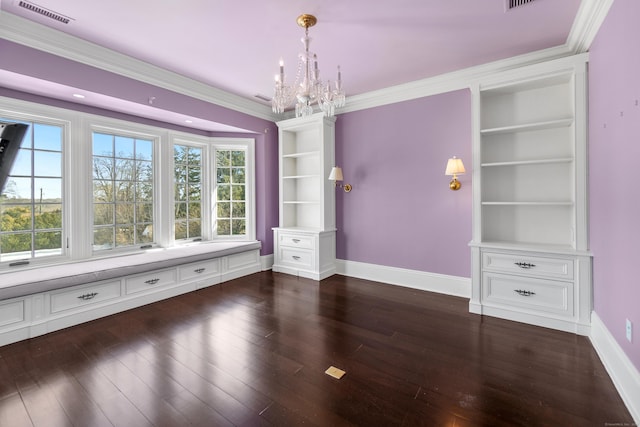 unfurnished dining area featuring baseboards, visible vents, dark wood finished floors, and ornamental molding