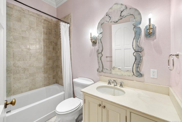 bathroom featuring toilet, shower / tub combo, ornamental molding, and vanity