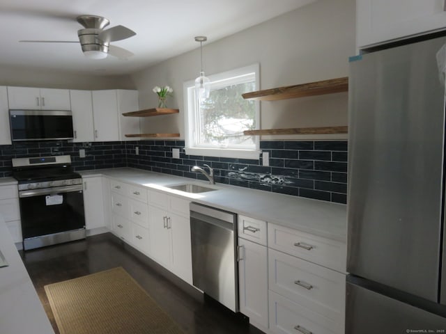 324 Maple St, Branford, CT 06405 - kitchen with open shelves, tasteful backsplash, appliances with stainless steel finishes, and a sink