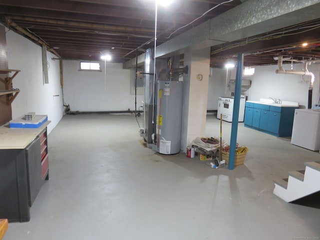 324 Maple St, Branford, CT 06405 - below grade area featuring stairway, washer / dryer, a sink, and gas water heater