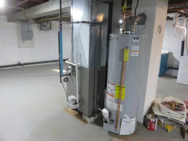 324 Maple St, Branford, CT 06405 - utility room featuring electric panel, heating unit, and gas water heater