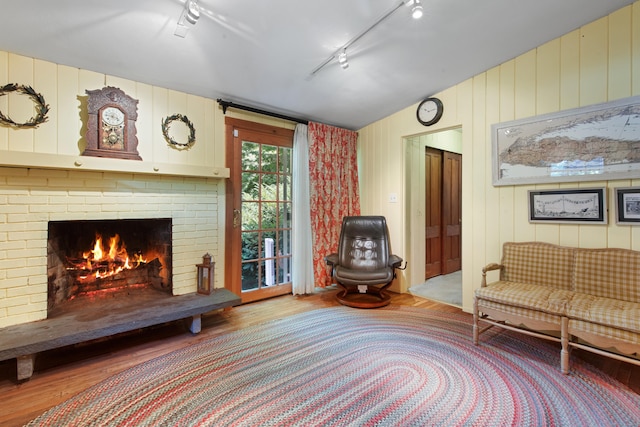 living area with wood finished floors, rail lighting, a fireplace, and vaulted ceiling