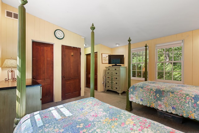 bedroom with visible vents, carpet floors, and multiple closets