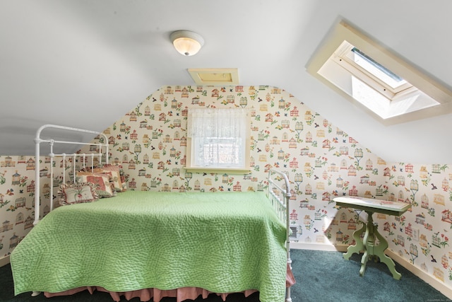 bedroom featuring wallpapered walls, vaulted ceiling, carpet, and baseboards