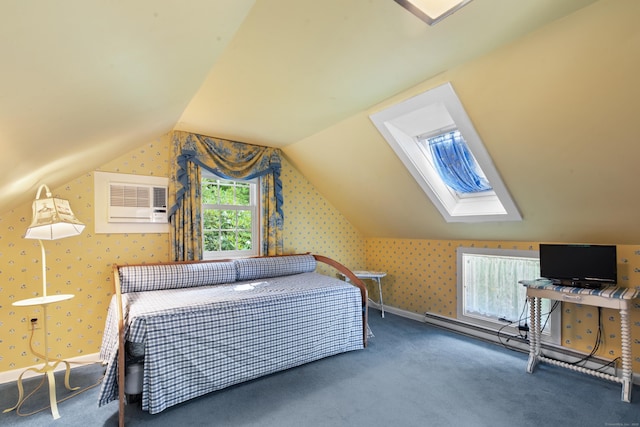 bedroom featuring lofted ceiling with skylight, wallpapered walls, baseboards, and carpet floors