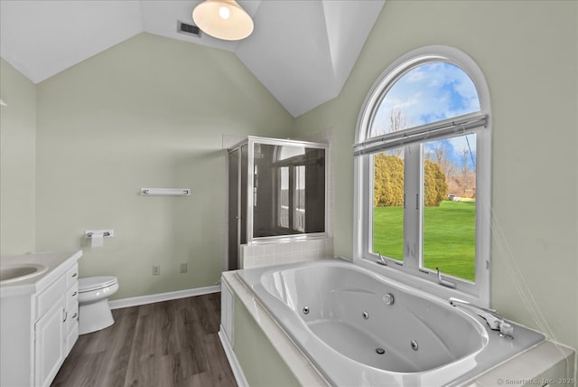 full bathroom with a stall shower, plenty of natural light, visible vents, and vaulted ceiling