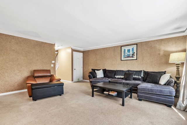 living area featuring baseboards, stairs, light colored carpet, and crown molding