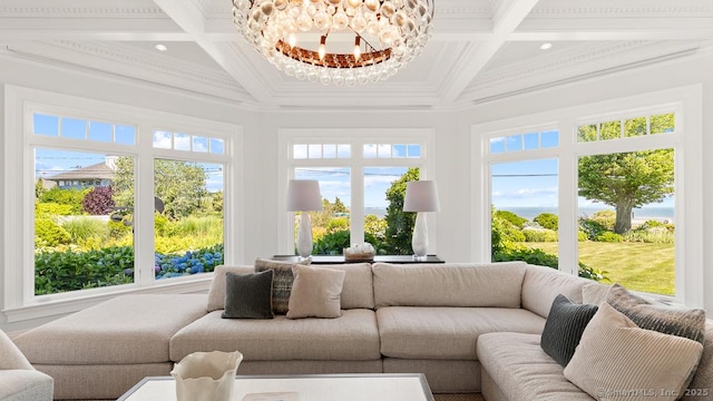 260 Hillspoint Rd, Westport, CT 06880 - sunroom / solarium featuring beamed ceiling, coffered ceiling, and an inviting chandelier