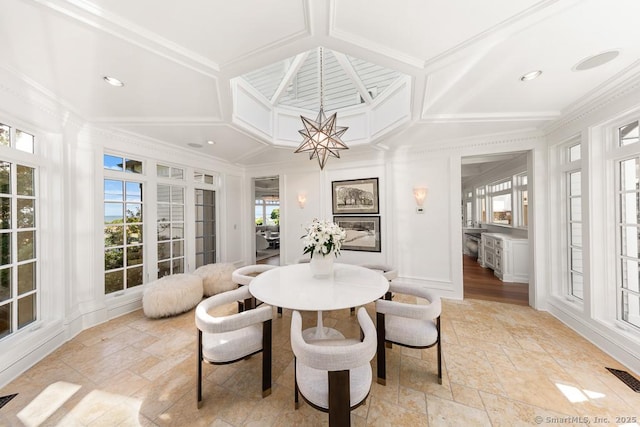 260 Hillspoint Rd, Westport, CT 06880 - dining room with a notable chandelier, stone tile floors, coffered ceiling, visible vents, and ornamental molding