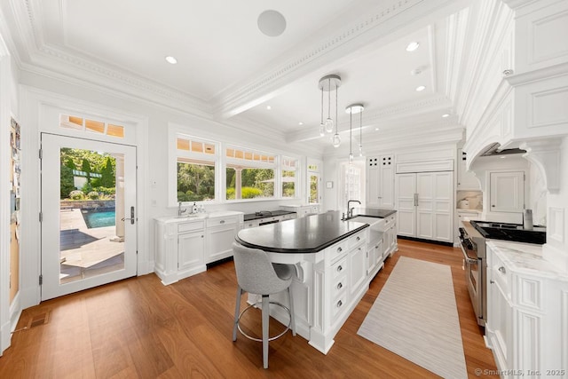 260 Hillspoint Rd, Westport, CT 06880 - kitchen featuring pendant lighting, dark countertops, high end stainless steel range oven, a kitchen island with sink, and white cabinets