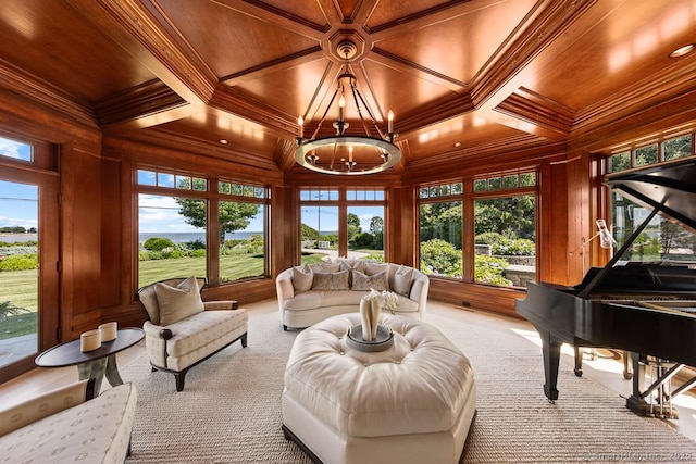260 Hillspoint Rd, Westport, CT 06880 - sunroom / solarium featuring beam ceiling, coffered ceiling, wood ceiling, and an inviting chandelier