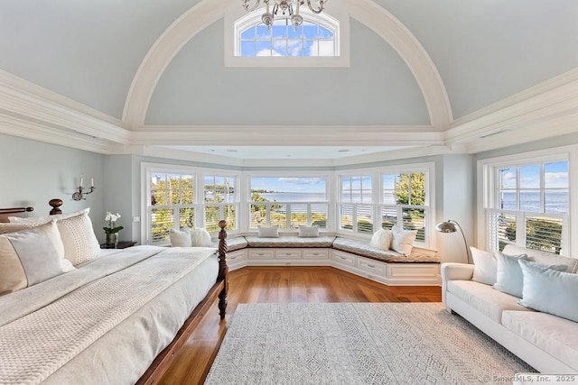 260 Hillspoint Rd, Westport, CT 06880 - bedroom with high vaulted ceiling, light wood finished floors, and an inviting chandelier