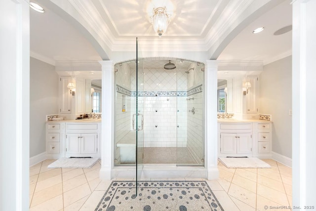 260 Hillspoint Rd, Westport, CT 06880 - bathroom with decorative columns, ornamental molding, and vanity