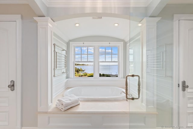 260 Hillspoint Rd, Westport, CT 06880 - bathroom featuring a garden tub, a shower with shower door, recessed lighting, ornate columns, and crown molding