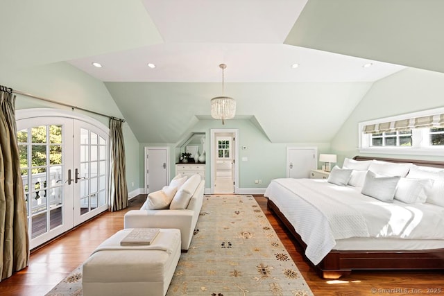 260 Hillspoint Rd, Westport, CT 06880 - bedroom with lofted ceiling, wood finished floors, access to outside, french doors, and recessed lighting