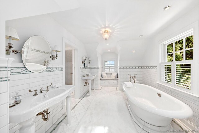 260 Hillspoint Rd, Westport, CT 06880 - bathroom with a wainscoted wall, marble finish floor, a freestanding tub, and recessed lighting