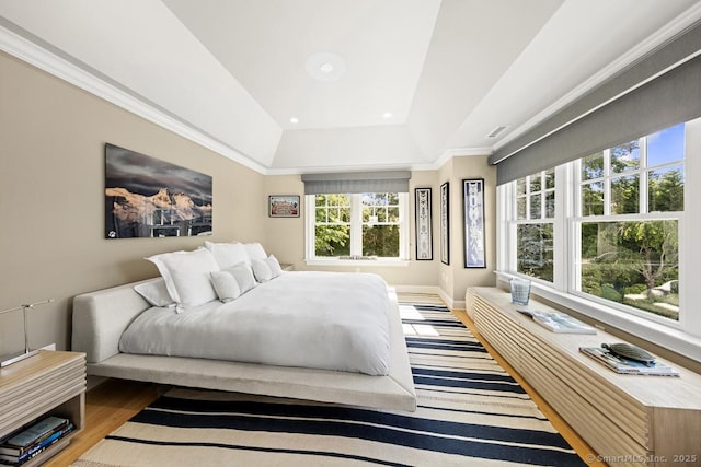 260 Hillspoint Rd, Westport, CT 06880 - bedroom with recessed lighting, a raised ceiling, baseboards, and wood finished floors
