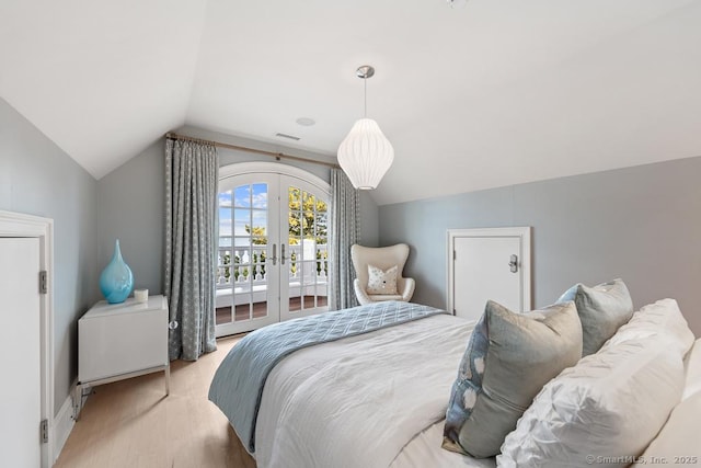 260 Hillspoint Rd, Westport, CT 06880 - bedroom featuring access to exterior, french doors, visible vents, vaulted ceiling, and light wood-type flooring