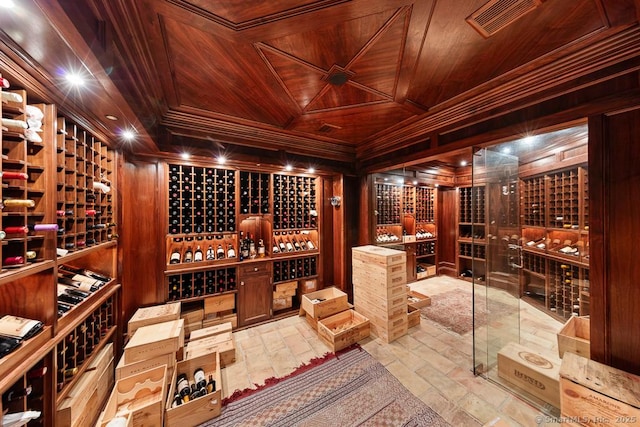 260 Hillspoint Rd, Westport, CT 06880 - wine room featuring visible vents, wooden walls, wood ceiling, and crown molding