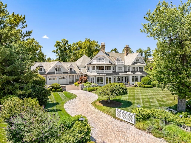 260 Hillspoint Rd, Westport, CT 06880 - rear view of property with decorative driveway, a chimney, and a lawn