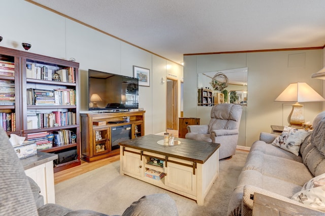 living area with a textured ceiling, crown molding, and light colored carpet