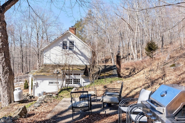 back of house featuring a patio and a chimney