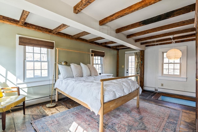 bedroom with wood-type flooring, baseboard heating, and beam ceiling