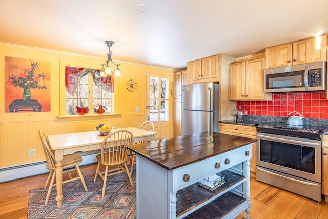 kitchen featuring backsplash, light brown cabinetry, ornamental molding, stainless steel appliances, and light wood-style flooring