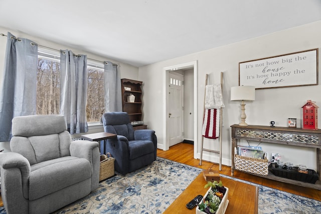 living room with baseboards and wood finished floors