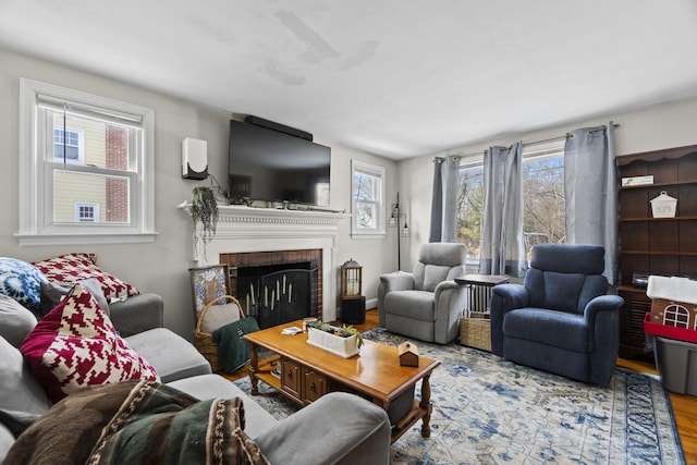 living room featuring a fireplace and wood finished floors