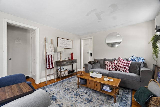 living area featuring baseboards and dark wood-type flooring