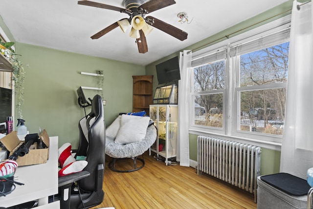 office area with light wood-type flooring, radiator heating unit, and a ceiling fan