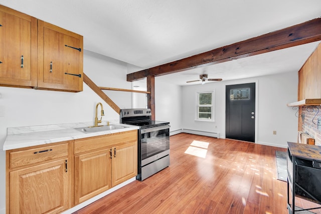 kitchen with light wood-style flooring, a sink, light countertops, stainless steel electric range oven, and baseboard heating