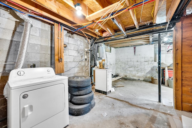 unfinished basement featuring electric panel and washer / dryer