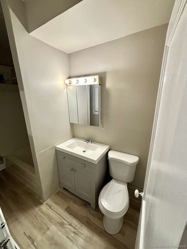 bathroom with vanity, toilet, and wood finished floors