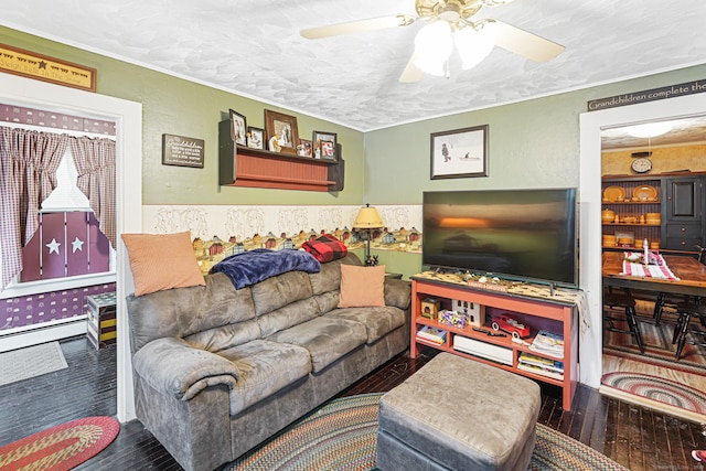 living area with dark wood-style floors, ceiling fan, a textured ceiling, and a baseboard radiator