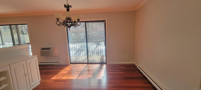 unfurnished dining area featuring a baseboard radiator, ornamental molding, dark wood-type flooring, a wall mounted air conditioner, and an inviting chandelier