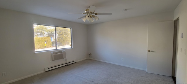 unfurnished room with light colored carpet, a ceiling fan, baseboards, an AC wall unit, and baseboard heating