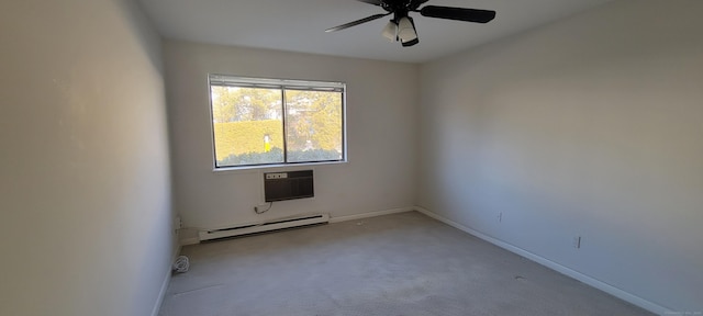 empty room with baseboards, a ceiling fan, light colored carpet, a baseboard radiator, and a wall mounted AC