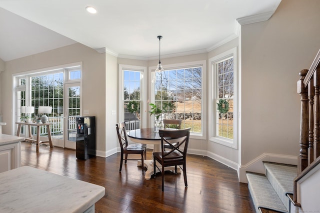 dining space with baseboards, dark wood finished floors, ornamental molding, stairs, and recessed lighting