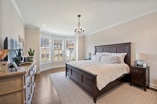 bedroom with ornamental molding, light wood-type flooring, baseboards, and an inviting chandelier