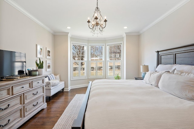 bedroom featuring baseboards, dark wood-style floors, ornamental molding, an inviting chandelier, and recessed lighting