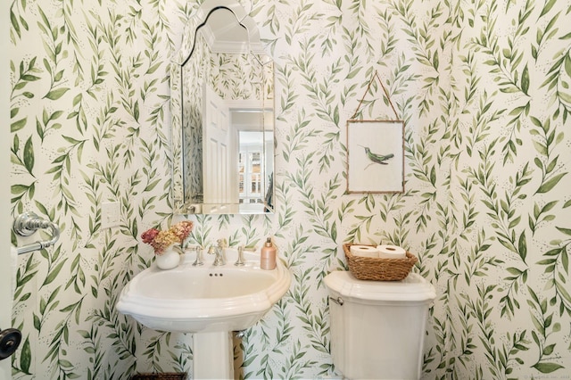 bathroom featuring toilet and wallpapered walls