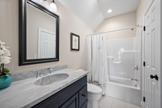 full bath with toilet, lofted ceiling, tile patterned floors, shower / bath combination with curtain, and vanity