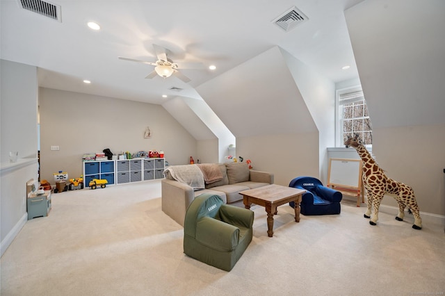 recreation room with light carpet, visible vents, vaulted ceiling, and recessed lighting