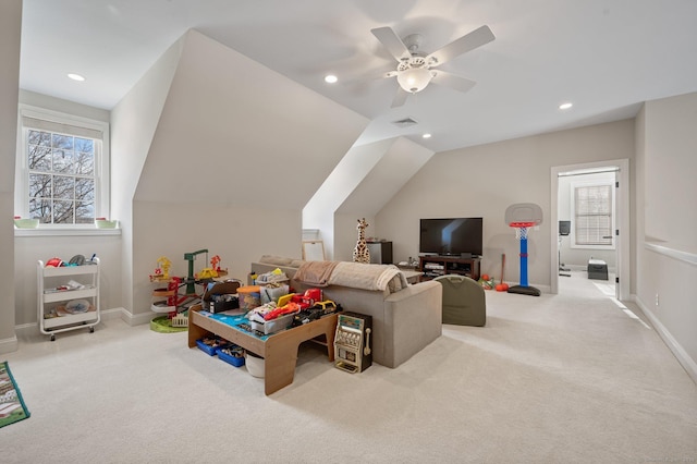 game room with light carpet, lofted ceiling, baseboards, and recessed lighting