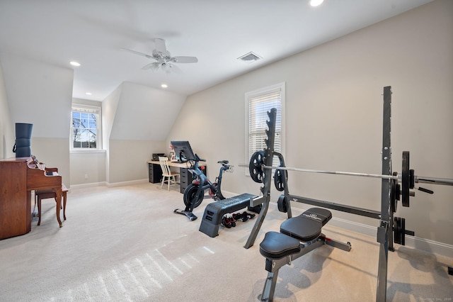 workout room featuring recessed lighting, visible vents, light carpet, and baseboards