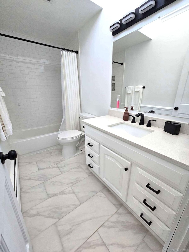 full bath with shower / bath combination with curtain, marble finish floor, vanity, and toilet