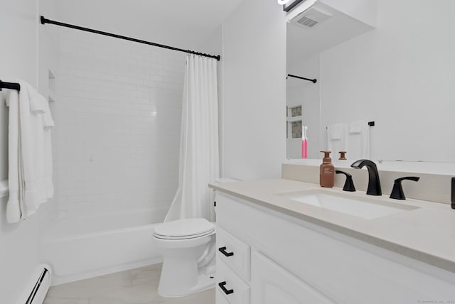 full bathroom with toilet, shower / tub combo with curtain, marble finish floor, baseboard heating, and vanity