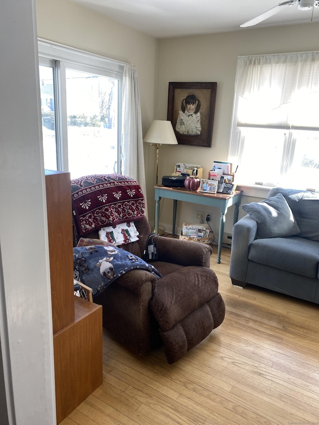 living area featuring a wealth of natural light, light wood-style flooring, and a ceiling fan